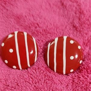 Vintage Red and White Polkadots Button Striped Earrings